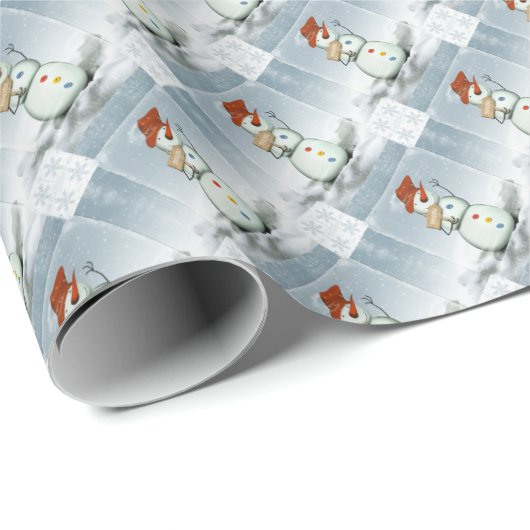 Schneemann und Schneeflocken Geschenkpapier (Rolleneckpunkt)