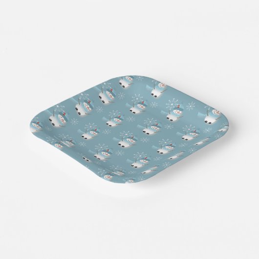 Schneemann und Schneeflocken Muster Blue Paper Tel Pappteller (Gewinkelt)