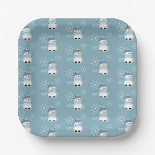 Schneemann und Schneeflocken Muster Blue Paper Tel Pappteller (Vorderseite)