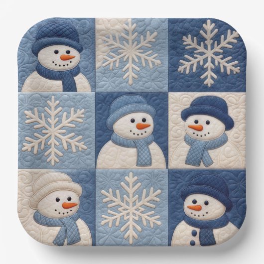Schneemann und Schneeflocken Quilt Muster Pappteller (Vorderseite)