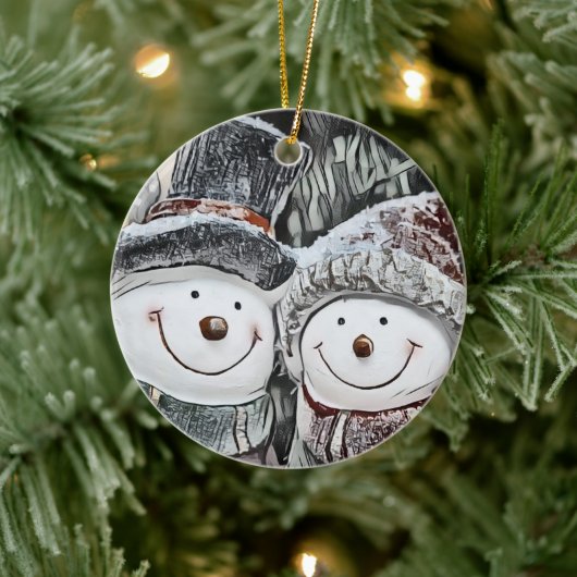 Schneemann und Schneefrau zeichnend Keramik Ornament (Baum)