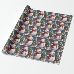 Schneemann und Weihnachtsbaum mit Geschenken Geschenkpapier
