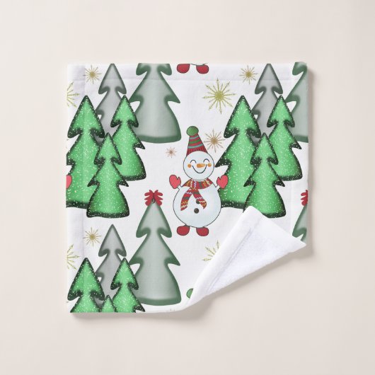 Schneemann und Weihnachtsbäume. Badhandtuch Set (Waschlappen)
