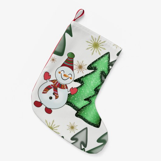 Schneemann und Weihnachtsbäume. Kleiner Weihnachtsstrumpf (Vorderansicht (hängend))