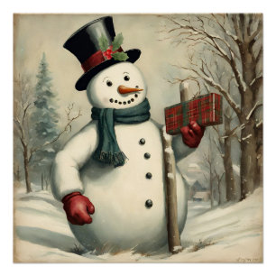 Schneemann und Weihnachtsgeschenk Winterillustrati Poster