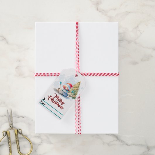Schneemann und Weihnachtsmarken Geschenkanhänger (Mit Garn)