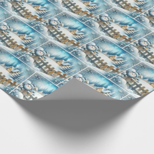 Schneemann und Winter-Hütte Geschenkpapier (Ecke)