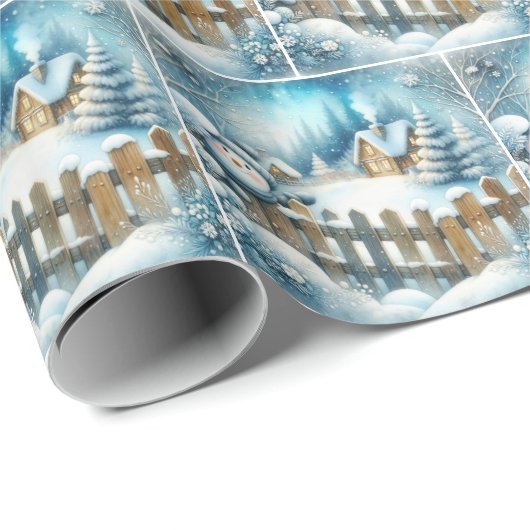 Schneemann und Winter-Hütte Geschenkpapier (Rolleneckpunkt)