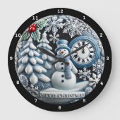 Schneemann- und Winterwaldlandschaft mit Weihnacht Große Wanduhr (Vorderseite)