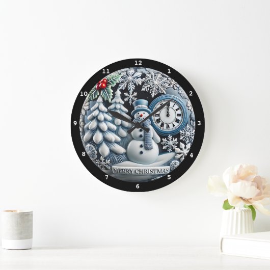 Schneemann- und Winterwaldlandschaft mit Weihnacht Große Wanduhr (Zuhause)