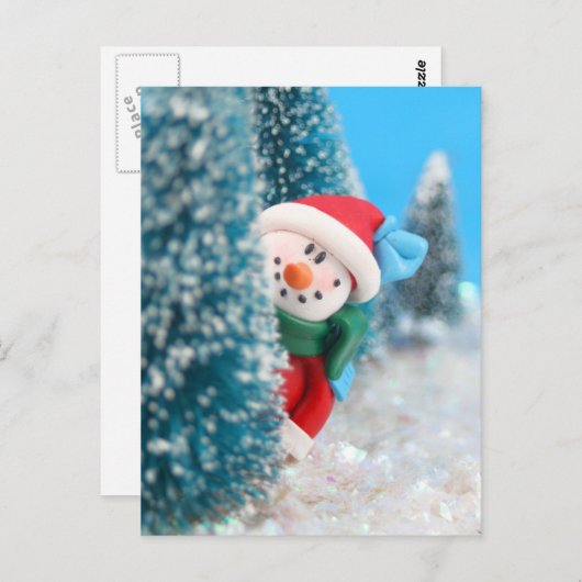 Schneemann versteckt oder pinkelt hinter einem Bau Postkarte (Vorne/Hinten)
