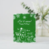 Schneemann, Vogel und Hund über grünem Hintergrund Postkarte (Stehend Vorderseite)