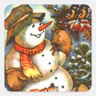 Schneemann Vögel und Welpe Quadratischer Aufkleber