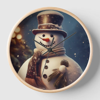 Schneemann: Wanduhr, 10" runder Naturholzrahmen Uhr