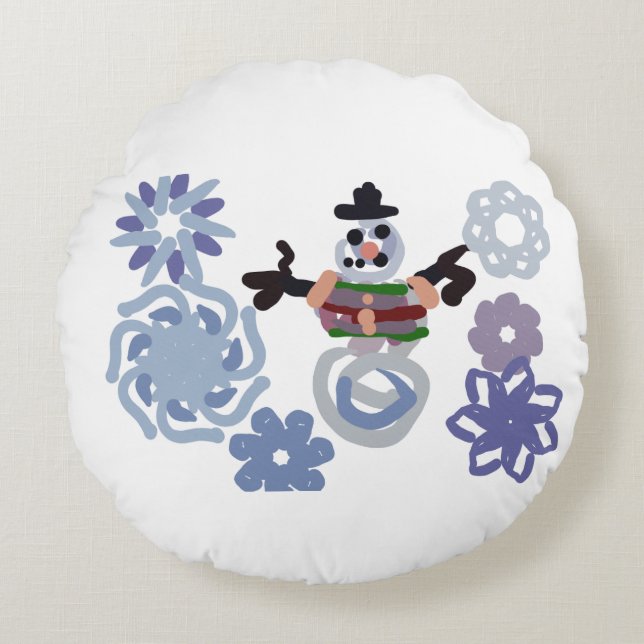 Schneemann warm  rundes kissen (Vorderseite)