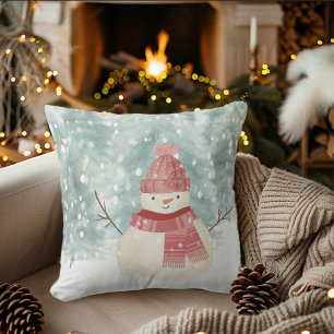 Schneemann Wasserfarbe Winterwald Weihnachten Kissen