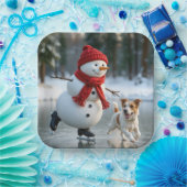 Schneemann Weihnachten Eislaufen mit Hund Pappteller (Party)