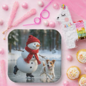 Schneemann Weihnachten Eislaufen mit Hund Pappteller (Party)