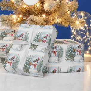 Schneemann Weihnachten mit Waldtieren und Vögeln Geschenkpapier