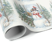 Schneemann Weihnachten mit Waldtieren und Vögeln Geschenkpapier (Rolleneckpunkt)