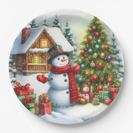 Schneemann Weihnachten Pappteller (Vorderseite)