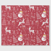 Schneemann, Weihnachtsbaum und Rehe, Winter Rot Geschenkpapier (Flach)