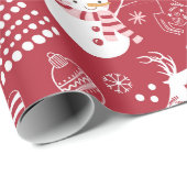 Schneemann, Weihnachtsbaum und Rehe, Winter Rot Geschenkpapier (Rolleneckpunkt)