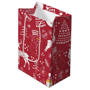 Schneemann, Weihnachtsbaum und Rehe, Winter Rot Mittlere Geschenktüte