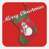 Schneemann zu Weihnachten Strumpf über Rot Quadratischer Aufkleber (Vorderseite)