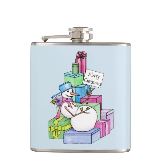 Schneemännchen auf Geschenken Flachmann (Vorderseite)