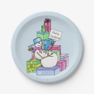 Schneemännchen auf Geschenken Pappteller