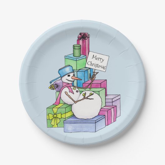 Schneemännchen auf Geschenken Pappteller (Vorderseite)