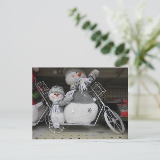 Schneemänner auf dem Fahrrad Postkarte (Stehend Vorderseite)