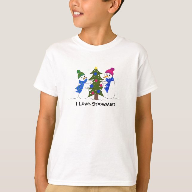 Schneemänner dekorieren einen Baum T-Shirt (Vorderseite)