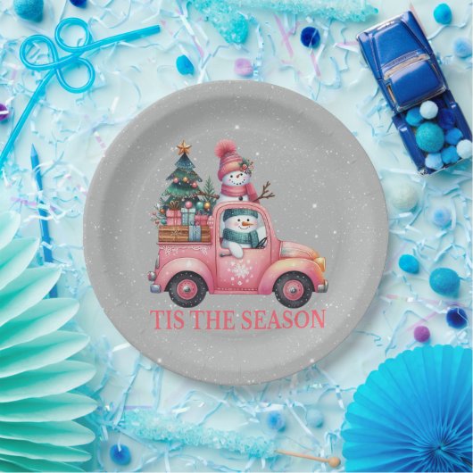 Schneemänner fahren Pink Truck Tree Geschenke Pappteller (Party)