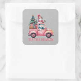 Schneemänner fahren Pink Truck Tree Geschenke Quadratischer Aufkleber