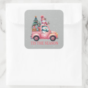 Schneemänner fahren Pink Truck Tree Geschenke Quadratischer Aufkleber