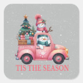 Schneemänner fahren Pink Truck Tree Geschenke Quadratischer Aufkleber (Vorderseite)