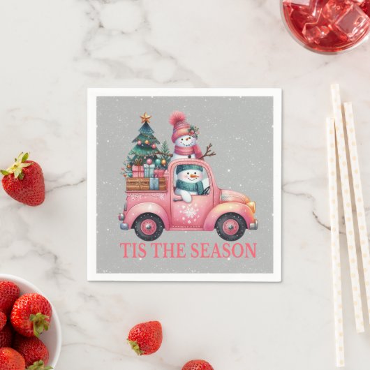 Schneemänner fahren Pink Truck Tree Geschenke Serviette (Beispiel)