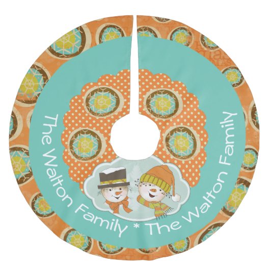 Schneemänner geben Familiennamen Holiday Tree Skir Polyester Weihnachtsbaumdecke (Vorderseite)