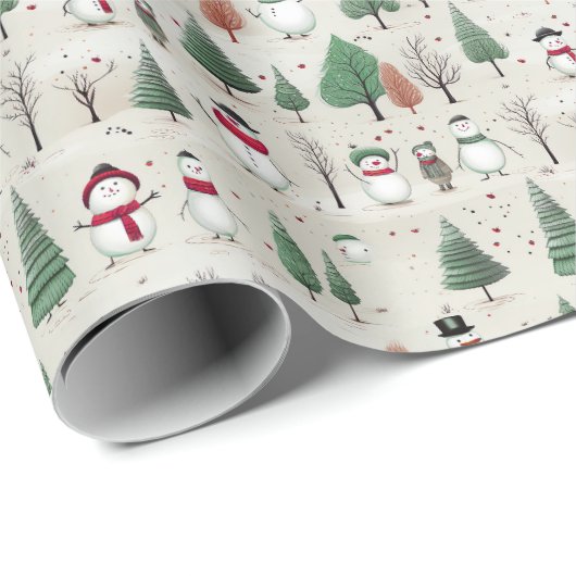 Schneemänner in Bäumen Geschenkpapier (Rolleneckpunkt)