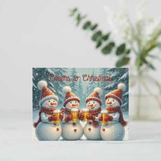 Schneemänner jubeln und toasteln Weihnachten Postkarte (Stehend Vorderseite)