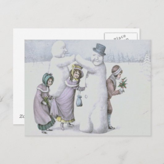 Schneemänner Kinder spielen Schneefeld Postkarte (Vorne/Hinten)