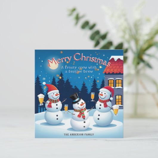 Schneemänner mit Drinks Frostig Frohe Weihnachten (Stehend Vorderseite)