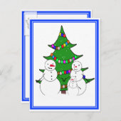 Schneemänner mit Weihnachtsbaumfamilie Feiertagspostkarte (Vorne/Hinten)