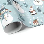 Schneemänner, Pinguine, Weihnachtsbäume und Schnee Geschenkpapier (Rolleneckpunkt)