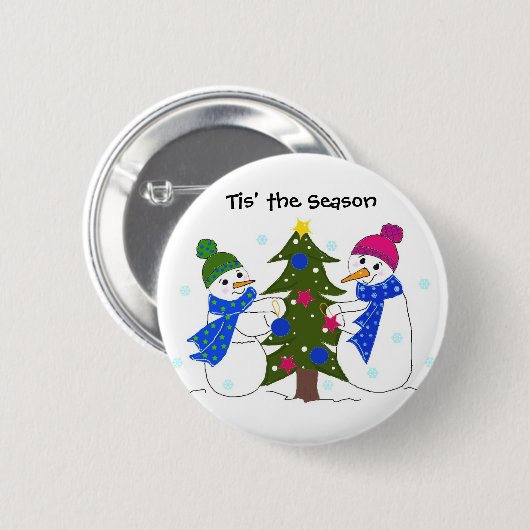 Schneemänner schmücken einen Weihnachtsbaum Button (Vorne & Hinten)