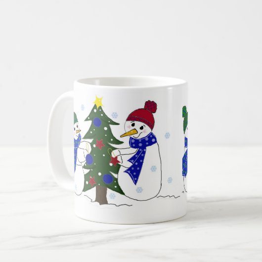 Schneemänner schmücken einen Weihnachtsbaum Kaffeetasse (Vorderseite Links)