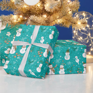 Schneemänner Schneeflocken Stechpalmenblätter Grün Geschenkpapier