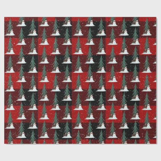 Schneemänner und Hirsche auf Kariertem Wrapping Pa Geschenkpapier (Flach)